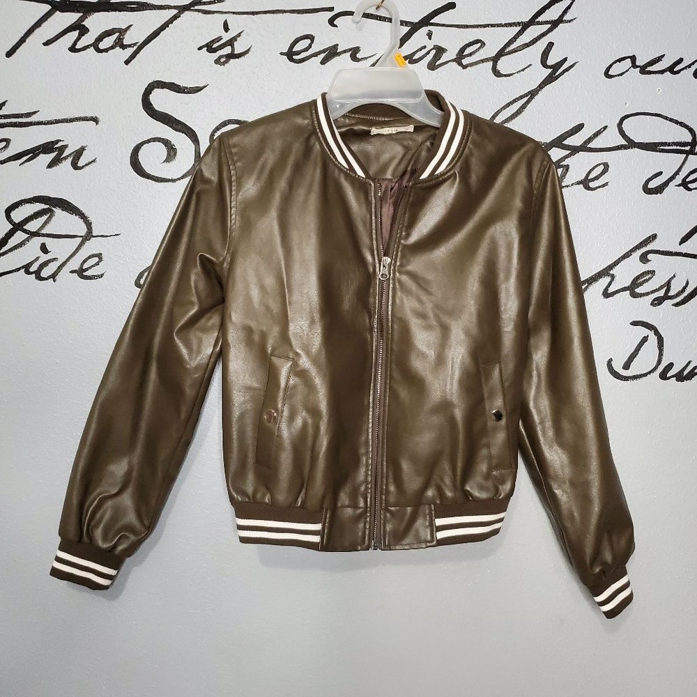 Le Lis Brown Faux Leather Varsity Jacket, S
